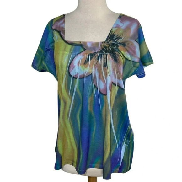 One World women's M multicolor square neck short sleeve top colorful Artsy Y2K - Picture 1 of 6